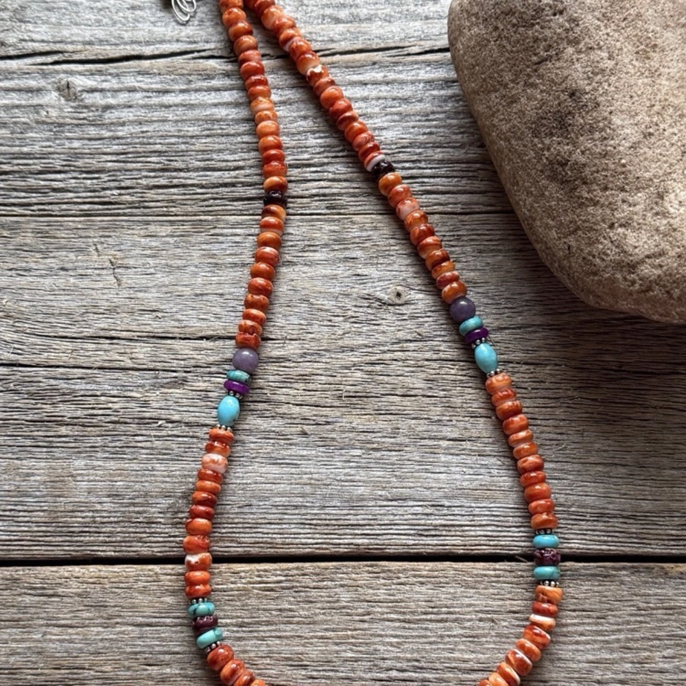 Orange Spiny Oyster Multi Stone Color Sterling Silver Bead Necklace 18 inch Gift - Picture 10 of 12